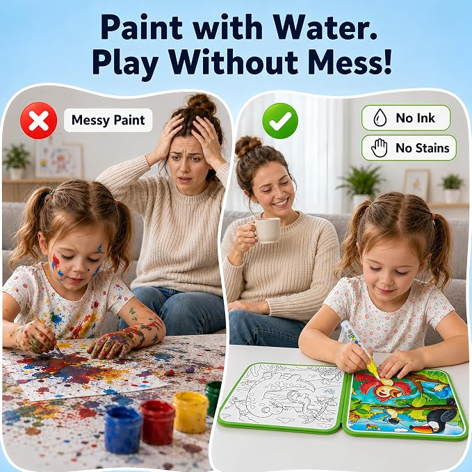 Reusable Water Coloring Books for Toddlers 1-3, Mess-Free Water Painting Book Set With Water Pens(Airplane & Dinosaur) Travel Art Craft Activity Toys for Girls Boys Ages 3+, Birthday Gifts - 4PCS