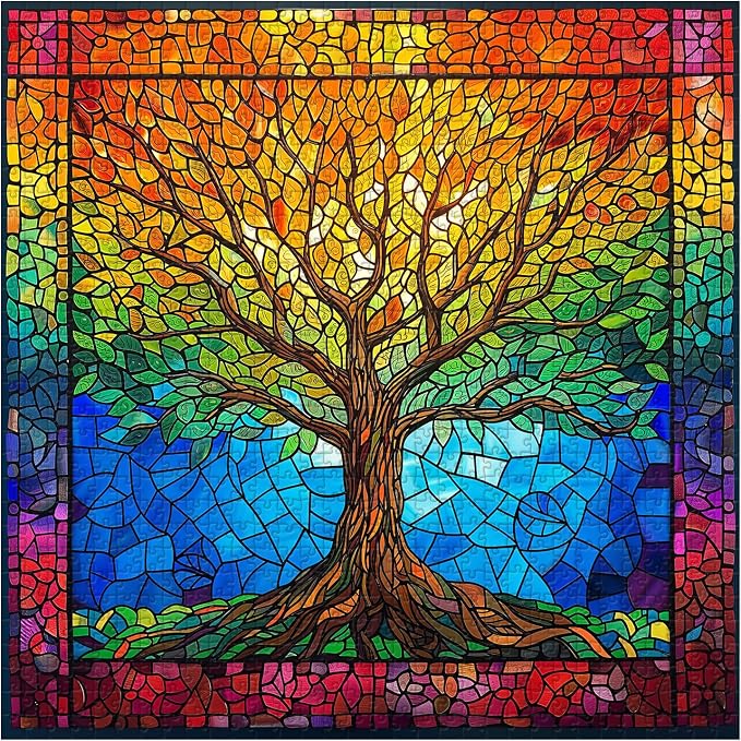 PICKFORU Stained Glass Puzzles for Adults 1000 Pieces and up, Mosaic Tree of Life Puzzle Unique Rainbow Puzzles, Colorful Difficult Jigsaw Puzzles for Adults