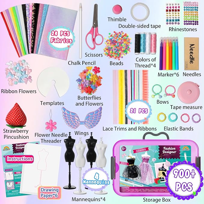 AGENTLAN Fashion Designer Kit, 900+ Dress Making Kit, DIY Craft Kit | Fashion design studio, sewing & no-sew, DIY fashion play with storage bin, gift for girls ages 6-12