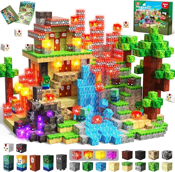 200 PCS Magnetic Blocks with Light Up Blocks - Magnetic Building Blocks, Magnetic Construction Cube Toys, STEM Sensory Learning Toys, Easter Christmas Birthday Gifts for Toddlers Boys and Girls Age 3+