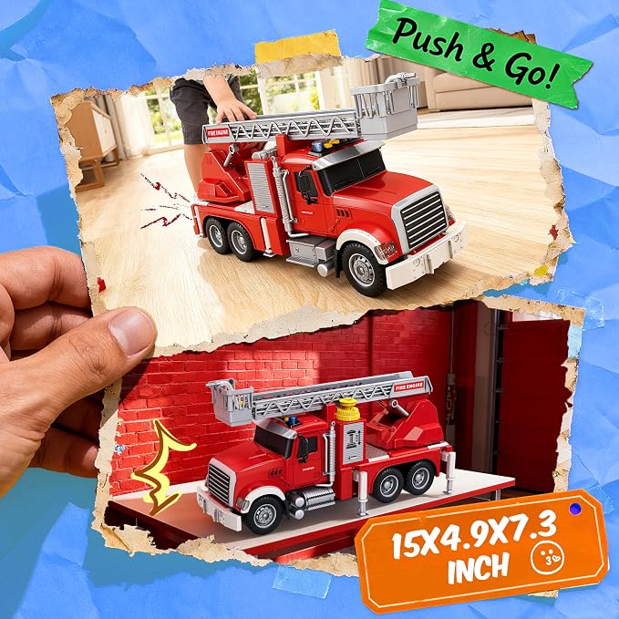 SMILESSKIDDO Fire Truck Toy - 1:12 Large Friction Powered Fire Rescue Truck with Water Pump, Extendable Ladder, Lights & Siren Sounds, Christmas Birthday Gift, Kids Toys for Age 3, 4, 5, 6, 7