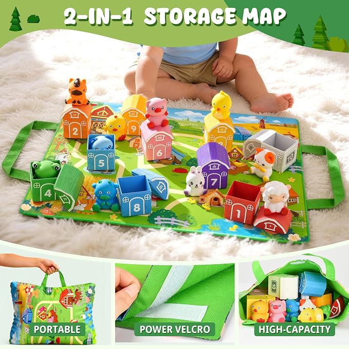 Montessori Toys for Toddlers, 21Pcs Farm Toys with Storage Bags/Playmat Counting, Matching, Sorting Preschool Learning Toy Including 10 Animal Finger Puppets Birthday Gift