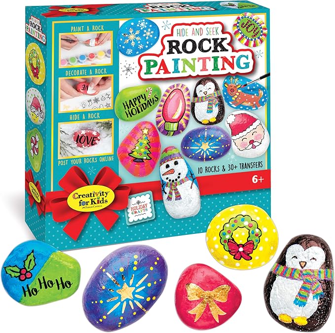 Creativity for Kids Holiday Hide & Seek Rock Painting Kit | Paint, Decorate & Hide 10 Festive Rocks | DIY Christmas Craft Kit for Kids to Inspire Creativity & Kindness (Ages 6+)