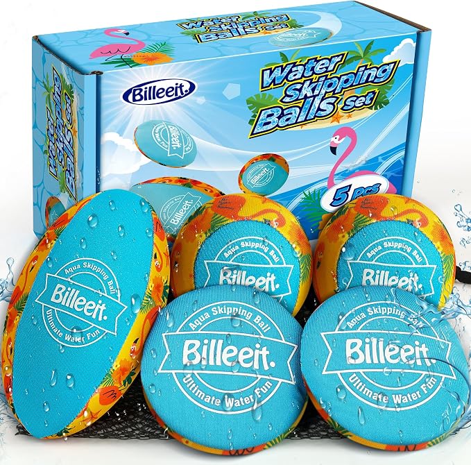 Billeeit 5Pcs Water Skipping Balls for Pool Play, Ocean Blue Splash Water Bouncing Balls with Portable Mesh Bag, Fun Beach Toys & Games for Kids 3+ 4-8-12 and Adults