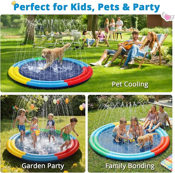 Splash Pad for Kids & Dogs, 78” Sprinkler Splash Pad with Dual Sprayers, Large Non-Slid Splash Mat, 360° Spray Outdoor Water Toys for Backyard, Summer, Gifts for Toddlers, Family, Pets