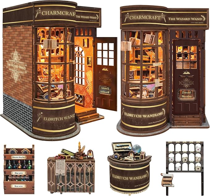 DIY Book Nook Kit,DIY Miniature Dollhouse kit,3D Wooden Puzzle Magic Bookend Bookshelf Insert Decor with Led Light,Gifts for Adults Teens and Beginners -Magic Wand Shop(SQ-51)