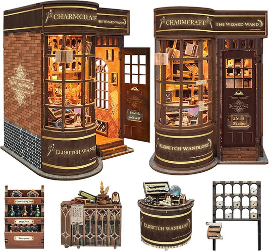 DIY Book Nook Kit,DIY Miniature Dollhouse kit,3D Wooden Puzzle Magic Bookend Bookshelf Insert Decor with Led Light,Gifts for Adults Teens and Beginners -Magic Wand Shop(SQ-51)