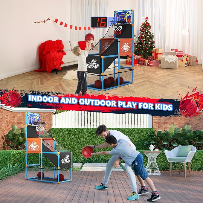 Handwell Arcade Basketball Game Set with Electronic Scoreboard&LED Light: Carnival Games Boy Toys Basketball Hoop Indoor Outdoor with 4 Balls & Air Pump Ideal Sports Toy Gifts for Kids 3-12 Years Old