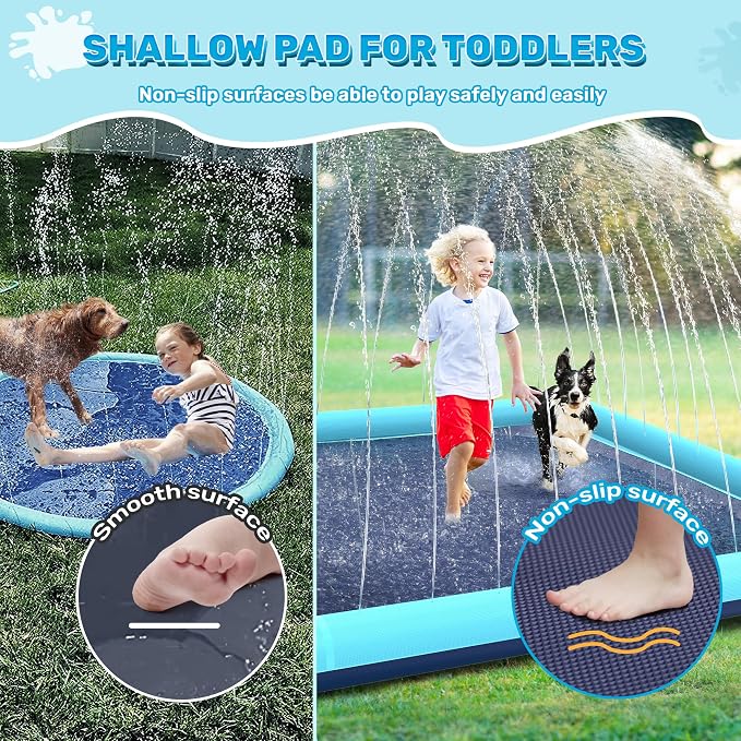 68" x 68" Square Splash Pad for Toddlers & Dogs, Non-Slip Sprinkler Pool, Shallow Water Play Mat for Backyard Summer Fun, Teal