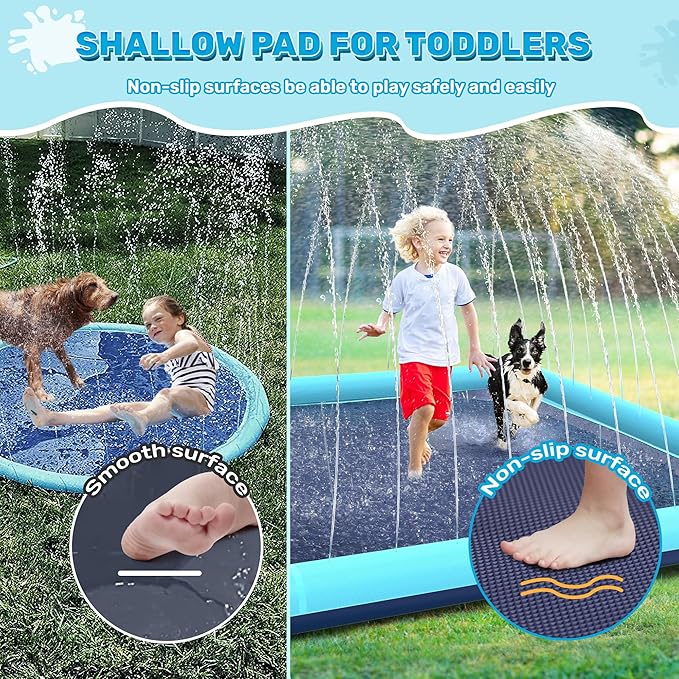 76" x 76" Square Splash Pad for Kids & Dogs, Non-Slip Sprinkler Pool, Shallow Water Play Mat for Toddlers, Outdoor Backyard Water Toys, Teal