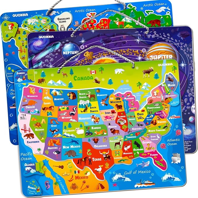QUOKKA Magnetic Puzzles for Kids Ages 3-5 — 3 Educational Magnet Puzzles for Kids Ages 4-6 — Space, USA and World Map Learning Toys for Toddlers 2-4 — Learning United States Game for Children 6-8