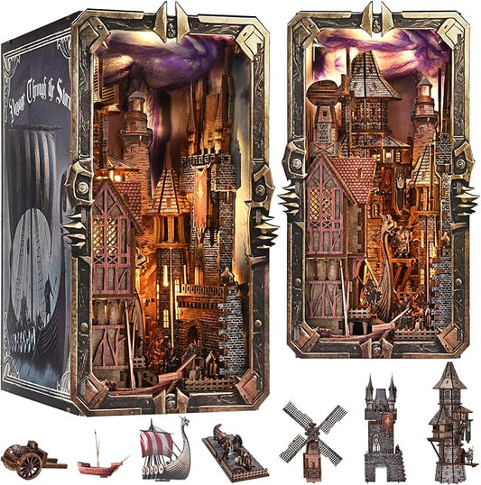 fifijoy DIY Viking Book Nook Kit, Miniature House Dollhouse Kit for Adult and Teens, Booknook Bookend Tiny House Model Build Bookshelf Insert Decor 3D Wooden Puzzle, Gifts for Family, Friends