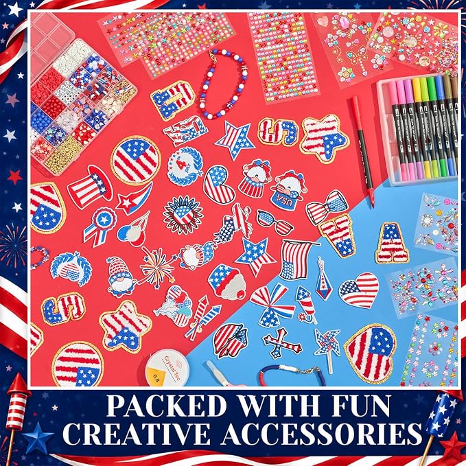 Skicuff 130 Pcs 250th Anniversary 4th of July Patriotic Craft Set, 10 Pcs DIY Red White and Blue Trucker Hats with Stickers Patches Chains USA Chenille Letters Beads for Independence Day Party Decor