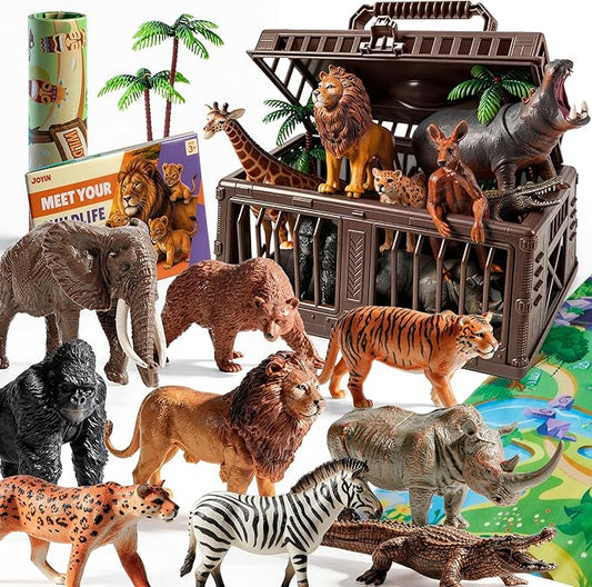 JOYIN Wild Animal Toys for Kids 3-5, 17 PCS Toy Animals Figurines with Activity Play Mat & Storage Cage & Educational Book, Safari Animals Figures for Toddler, for Boys and Girls