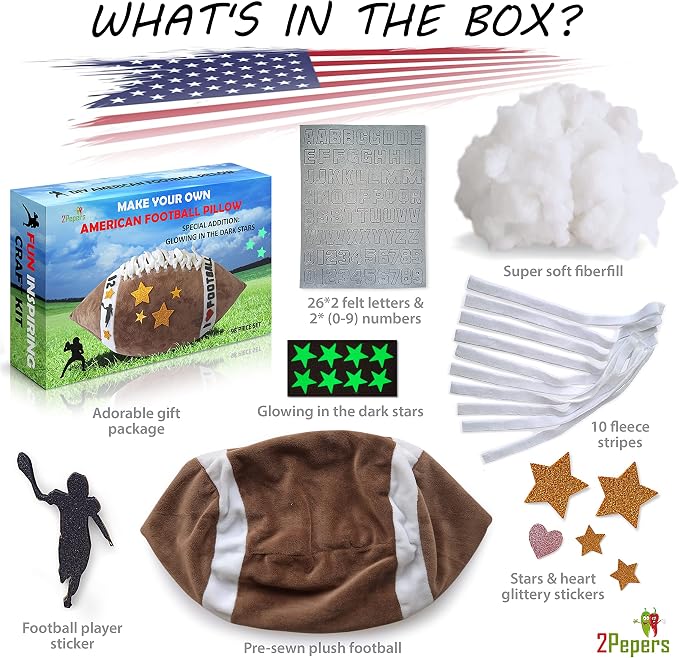2Pepers Make Your Own American Football Pillow, Football Gifts for Boys and Girls Ages 3 4 5 6 7 8 9 10 Years and Up, DIY Arts and Crafts Kit for Kids, Sports Present, Boys Toys
