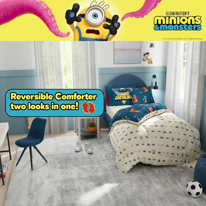 Minions and Monsters Movie Kids Bedding Set, Twin Size 5 Piece Comforter and Sheet Set with Sham, (Officially Licensed Product) by Franco
