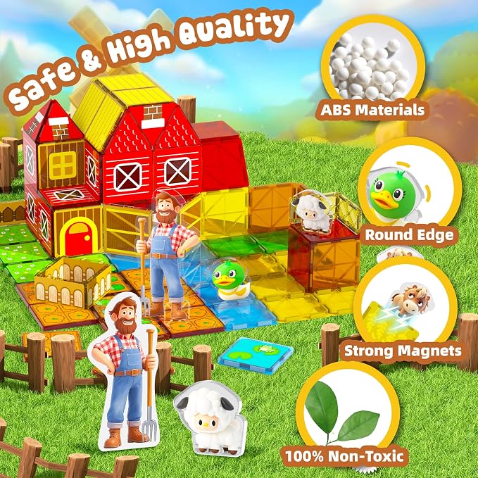 GobiDex Magnetic Tiles with Farm Animals Building Blocks, STEM Sensory Toys for Indoor, Outdoor, and Travel Play, Educational Magnet Toy Gift for Preschool Kids Ages 3-5, 4-8