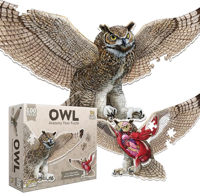 Owl Animal Anatomy Floor Puzzle | 100-Piece Double Sided Jigsaw Puzzle | Large-Sized, Over 3 Feet Scientifically Accurate Illustration - Fun and Educational Toy for Kids, Toddlers and Families