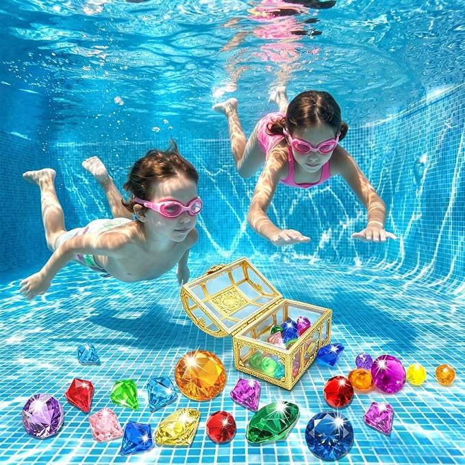 Swim Diving Games Pool Toys 17PCS Big Colorful Diamond Toy with Treasure Box Chest Summer Underwater Gemstone Outdoor Water Accessories for Kid Age 5 6 7 8 9 10 11 12 Year Old Girl Boy Stuff Fun Gift