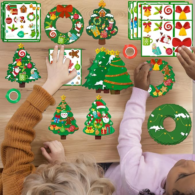 80UncleKimby 60pcs Christmas Crafts for Kids - DIY Xmas Tree Wreath Ornaments with Sticker Kits - Set for Holiday Decorations, Party Favors, and Classroom Activities