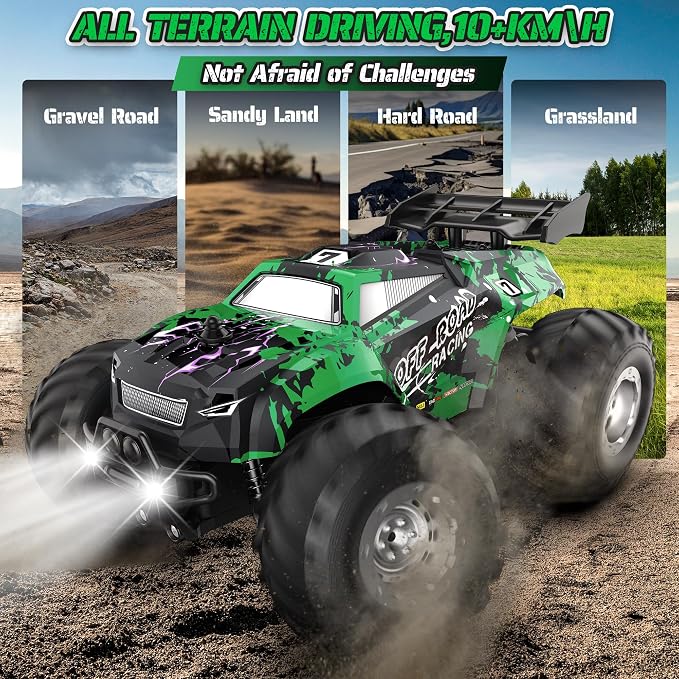 Remote Control Car, All-Terrain Remote Control Truck for Boys 8-12, Headlight, Dual Motors, 1:20, 10KM/H, 2.4GHZ, Speed-Friendly, Sturdy, Rechargeable RC Cars for Beginner, Kids 6+(Green)