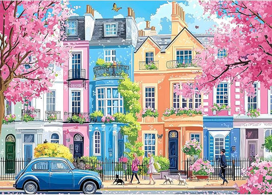 Spring Sakura Blossom Street 1000 Piece Puzzles for Adults, Clearance Impossible Challenge Art Jigsaw Puzzles, for Gift Birthday Party Games Family, 27.5X19.7 Inch Dust Free Puzzle