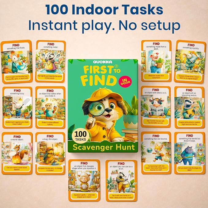 QUOKKA Scavenger Hunt Game for Kids Ages 4–8 – Indoor Adventure Card Set with 100 Tasks for Rainy-Day Play, Home & Classroom Learning Activities