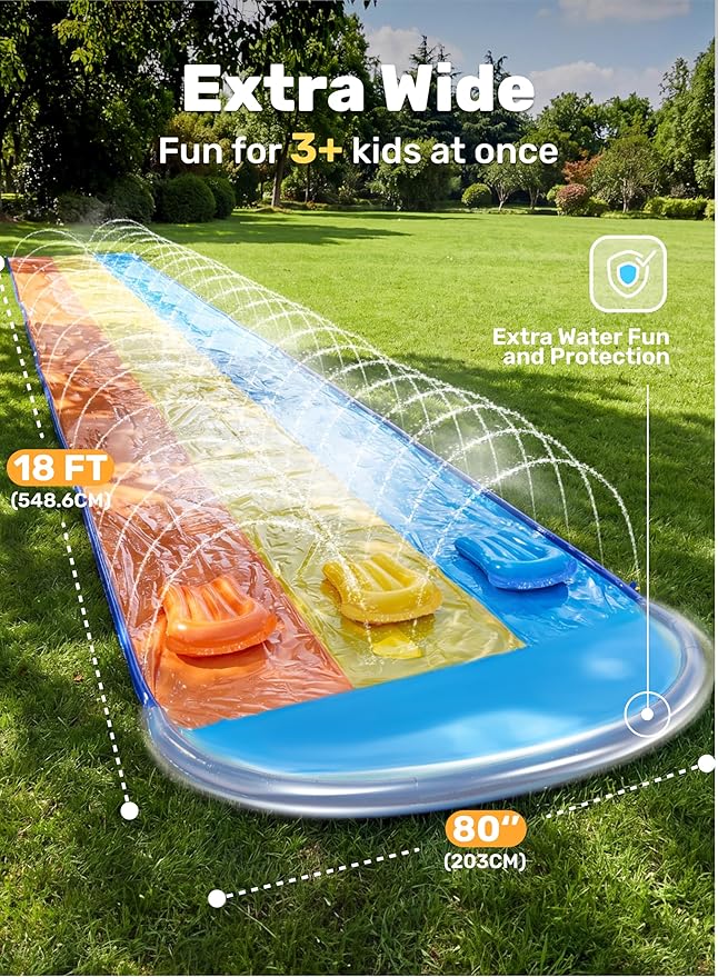 Sloosh Triple Water Slide with 3 BodyBoards, 18FT Lawn Slip Water Splash Slide Summer Toy Splash Pad with Build in Advanced Sprinkler for Kids Adults Backyard Summer Water Fun
