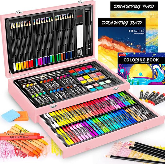 Caliart Art Supplies, 153-Pack Deluxe Art Set in Wooden Case, Crafts Drawing Painting Kits with 2 A4 Sketch Pads, Coloring Book, Stocking Stuffers Gifts for Teens Girls Kids Artists
