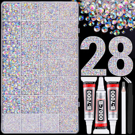 30000Pcs Resin Rhinestones for Bedazzling with Tweezers, Transparent AB Rhinestones for Crafting with 3Pcs 10ml B7000 Jewelry Glue for DIY Crafts Clothing Tumblers Shoes Fabric Nail Art