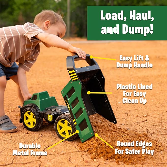 John Deere 16" Steel Dump Truck, Realistic Lights & Sounds, Heavy Duty Metal Truck Bed, Extra Large Wheels, Rugged Construction Vehicle Toy for Kids, Ages 3+, Indoor and Outdoor Play