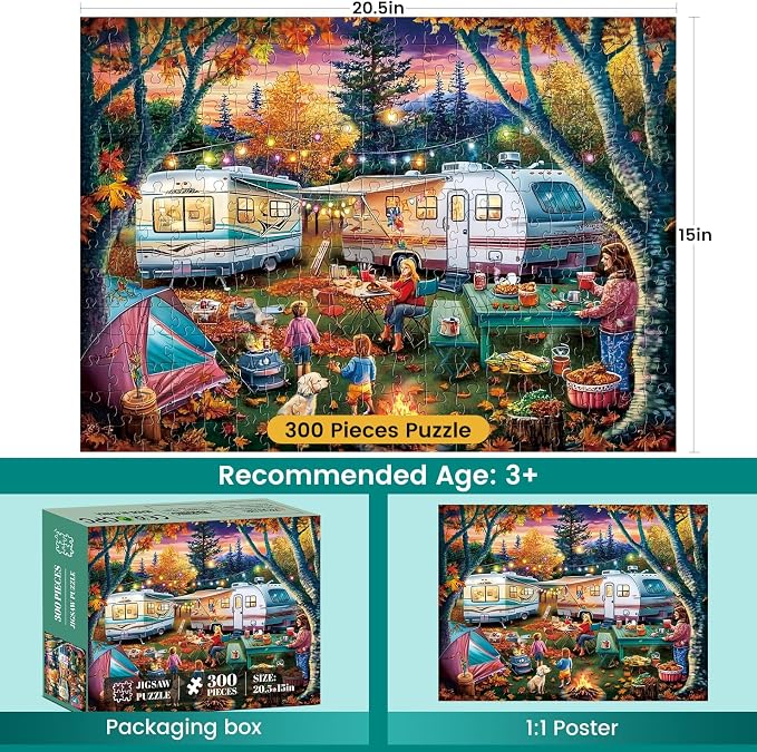 300 Piece Puzzle for Adult,Fall RV Camping Puzzle for Kids Adults Seniors,Jigsaw Puzzle with Moon Campfire Night for Kids Ages 8-10 10-12,Challenging Family Game Gifts for Friends Men Women,20.5*15In