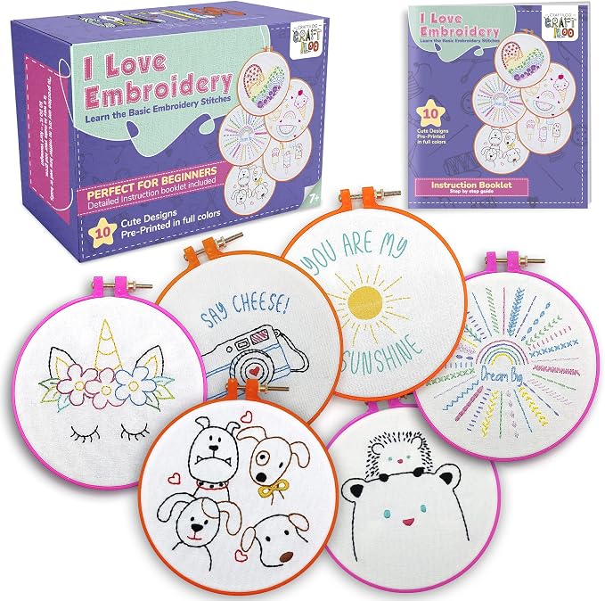 10 Pre-Stamped Embroidery Patterns for Beginners Embroidery Kit for Kids Girls Needlepoint Kits for Beginners Cross Stitch Craft Sewing Perfect for Ages 7-13
