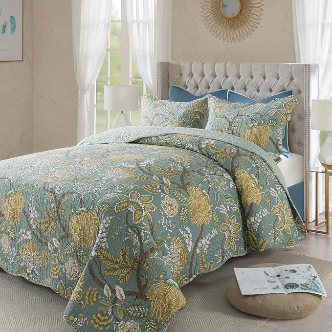 NEWLAKE Bedspread Quilt Sets-Reversible Patchwork Coverlet Set, Green Floral Pattern, King Size