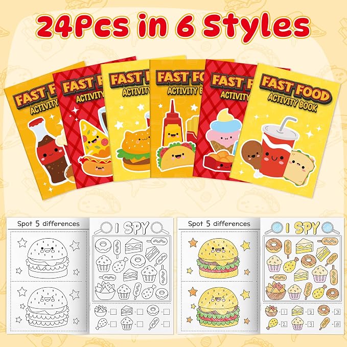 Dvbonike 24Pcs Fast Food Activity Books - Fast Food Mini Fun Games Coloring Book Bulk with Burger Fried Chicken Fries Popcorn Party Favors Goodie Bag Stuffers Classroom Rewards Supplies