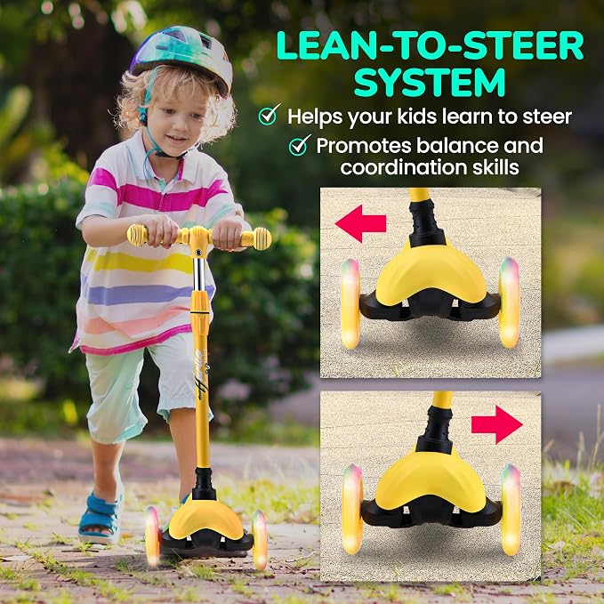Hurtle Mini Kickboard 3 Wheel Scooter for Kids Ages 2-5 - Lean-to-Steer Toddler Scooter with Light-up LED Wheels, Adjustable Height & Rear Foot Brake for Boys. & Girls, Anti-Slip, Indoor/Outdoor