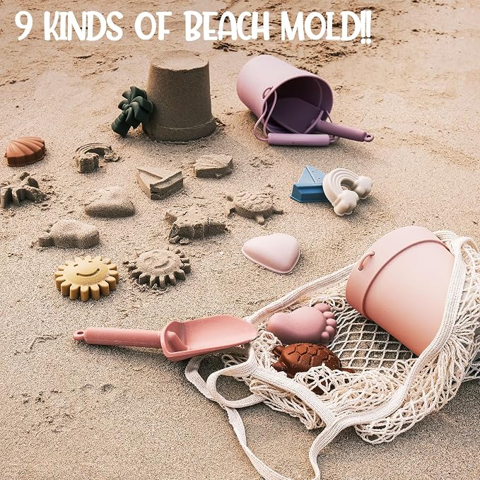 Hungdao 14 Pcs Silicone Beach Toys Travel Beach Set Sand Toys Include 2 Silicone Bucket Pail, 2 Shovel, 9 Sand Molds, 1 Beach Bag for Boys Girls Summer Pool Outdoor Bath Toys (Pink, Purple)