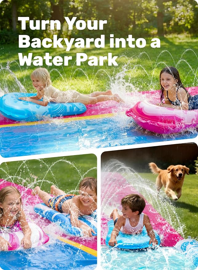 JOYIN 32.5FT Water Slide and 2 Inflatable Boards, Extra Long Heavy Duty Double Lawn Waterslide with Sprinkler for Kids Adults Backyard Summer Water Toy Outdoor Fun, Blue, Pink