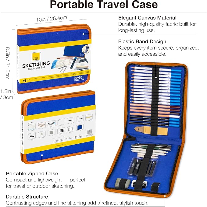 COLOUR BLOCK Drawing Travel Art Set 37 PCS, Pencils & Kits-Art Supplies for Kids, Teens, Adults-Colored Pencils, Charcoal, Pastels, Sketch Books for Artists, Anime Drawing, Architecture