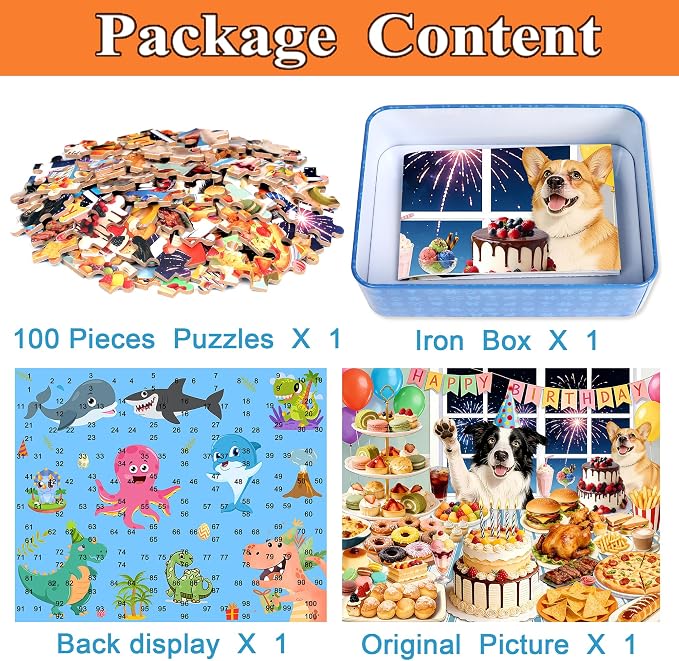 MZZOTOY Dog Birthday Party Puzzle for Kids Ages 4-8, 100 Pieces Jigsaw Puzzles for Kids Ages 3-5， Learning Educational Puzzles Toys Great Gift for Boys Girls in a Metal Box