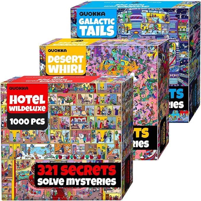 QUOKKA 1000 Piece Jigsaw Puzzle for Adults – Set of 3 Puzzles for Adults 1000 Pieces Premium Box Packaging - Desert Whirl, Galactic Tails, Hotel Wildeluxe - Fun Challenges - Stunning Scenic Animal