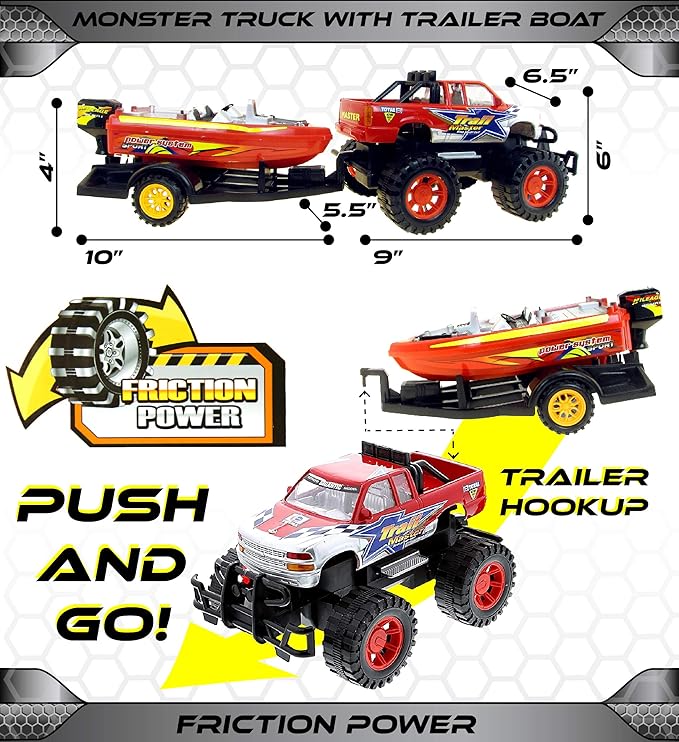 Mozlly Monster Truck Toys Set with Trailer Toy Boat - Friction Powered Hauling Truck and Trailer Toy, Big Toy Monster Truck with Boat, Adventure Truck Pulling Boat Toy Monster Trucks for Kids - 9 Inch