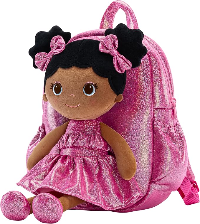 Lazada Toddler Backpack - Baby Girl Gifts Curly Fingerprints Plush Doll Dress Backpack - Fashion Girls Curly Rolled Fingerprints Series - Rose Red 11 Inches