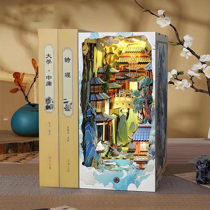 Book Nook Kit for Adults, DIY Dollhouse Booknooks Penglai Wonderland Landscape Decor Chinese Landscapes Bookshelf Insert with Dust Cover LED 3D Wooden Puzzle Assembly Model Creative Gift