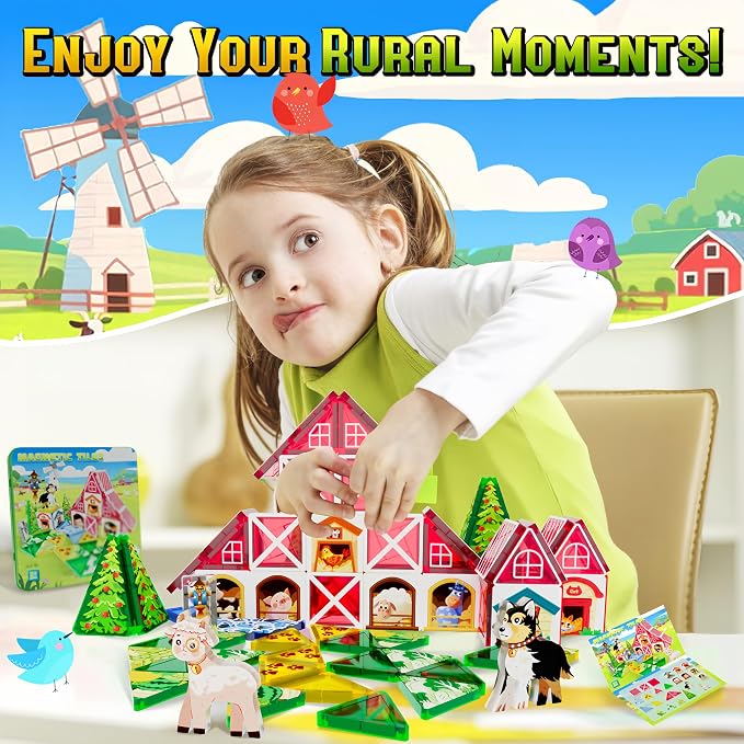 48pcs Mini Magnetic Tiles – Farm Animal Building Blocks Set in Iron Box, Portable STEM Travel Toys for Toddlers, Quiet On-the-Go Activities & Preschool Learning for Kids