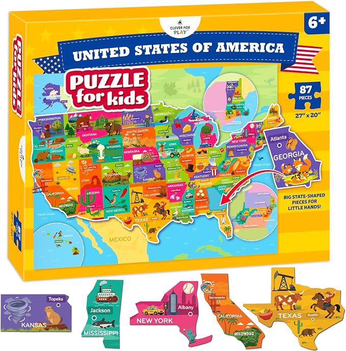United States Puzzle for Kids Ages 4-8 – 87 Large USA State-Shaped Pieces, 27"x20" Map – Learn All 50 US States, Capitals & Landmarks – USA Jigsaw Educational Toy – Gift for Boys & Girls Ages 4+