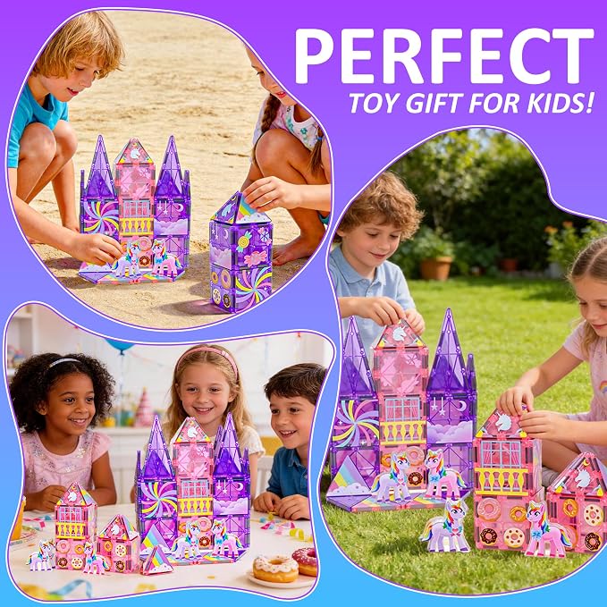 COSILY Unicorn Magnetic Tiles for Kids, Rich Colors Magnetic Building Blocks, STEM Educational Construction Sensory Toys, Unicorn Magnetic Tiles Birthday Gifts for Girls Ages 3 4 5 6 7 8+