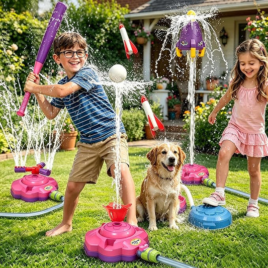 4-in-1 Upgraded Water Sprinkler Toy,Water-Spraying Rocket,Water Baseball,360°Rotating Sprinkler,Foot-Pump Rocket Launch,Outdoor/Yard/Garden/Lawn/Pool Summer Water Game for Kids Age3 4 5 6 7 8Boy Girls