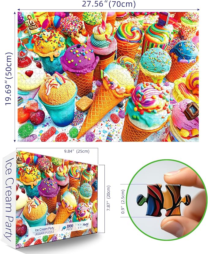 1000 Piece Puzzle for Adults - Ice Cream Party Puzzle with Letters on Back 27.5"x19.7", Funny Impossible Challenging Adult Jigsaw Puzzle, Ideal Gift for Sweets & Summer Puzzlers