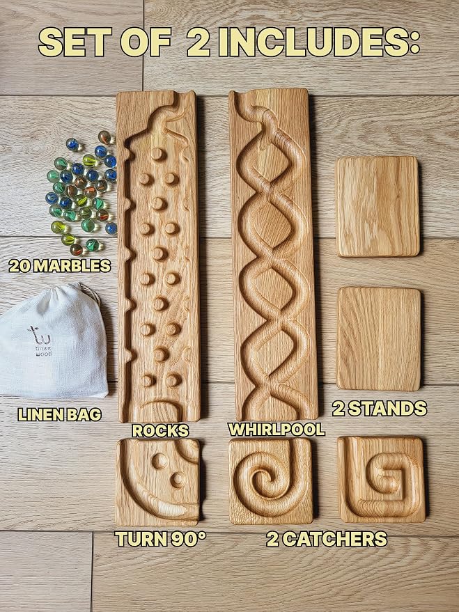 Wooden Marble Run Track Set of 2 Wind+Rocks Race Machine Set Wooden Maze Board Ball Run Montessori STEM Toy Gift for Kids Wave Course Winding Roller Track Game (Rocks+Whirlpol)
